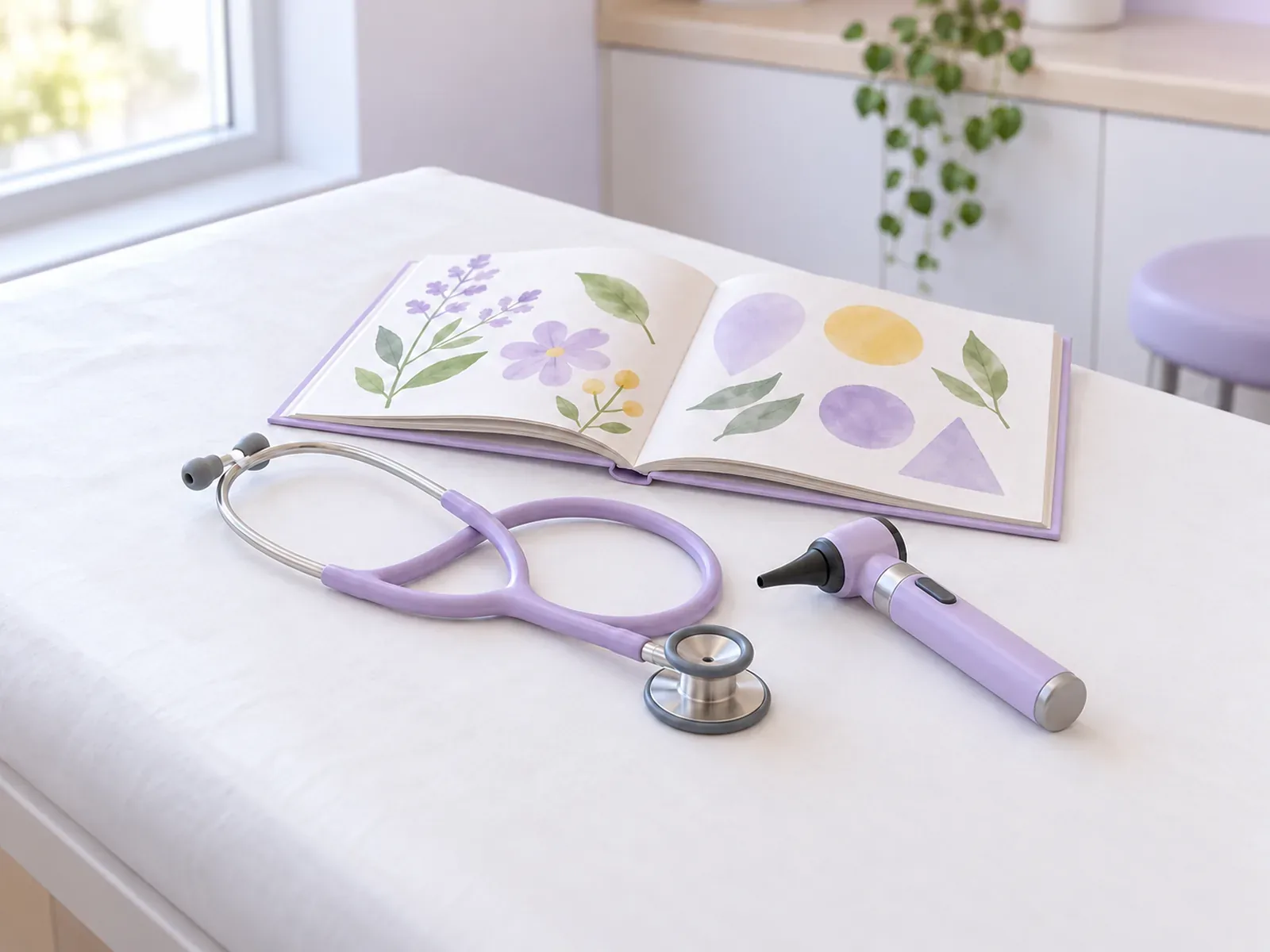 A pediatric stethoscope, otoscope and open floral picture book