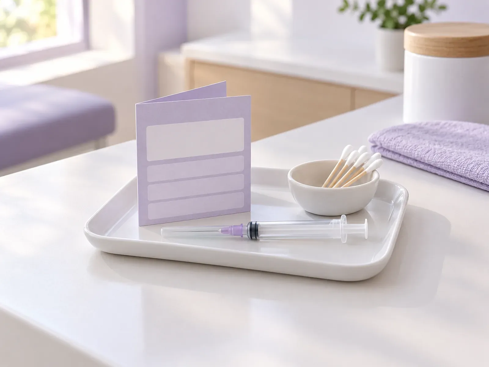 A blank vaccination card, capped syringe and cotton swabs on a white tray