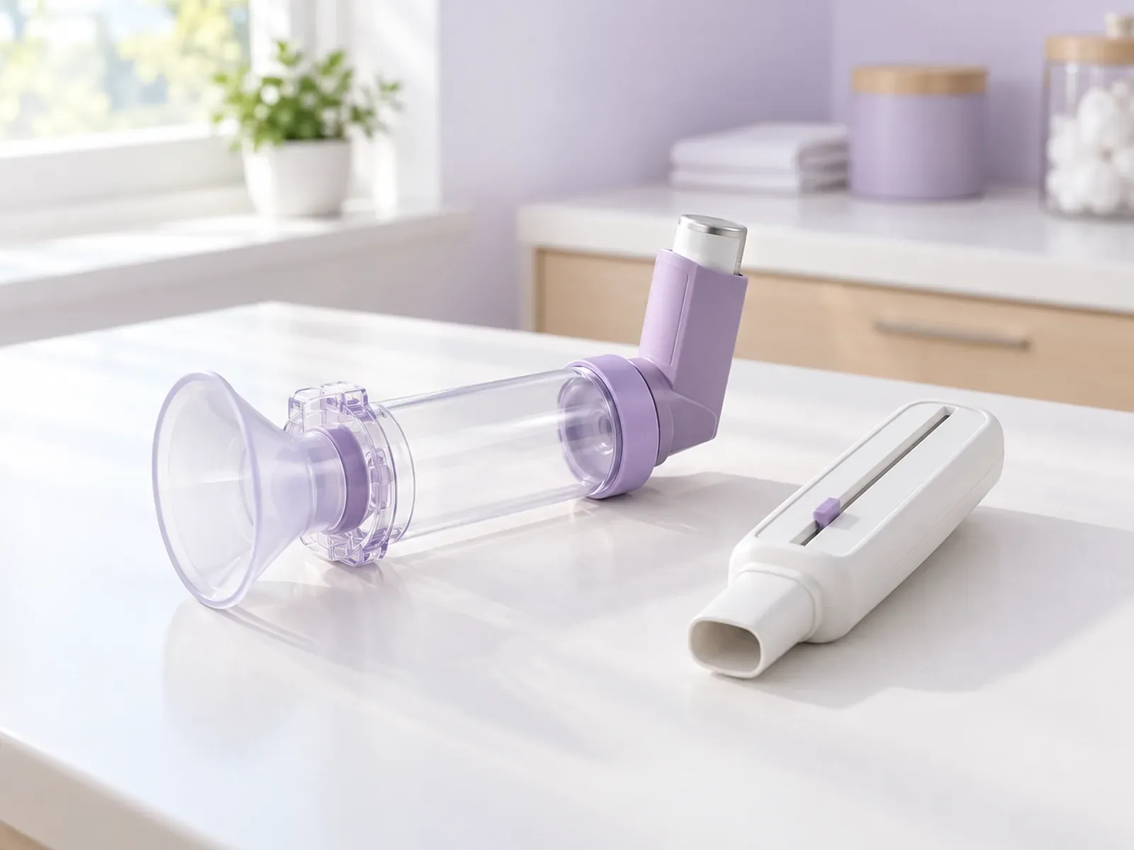 A lavender inhaler attached to a clear spacer beside a peak-flow meter