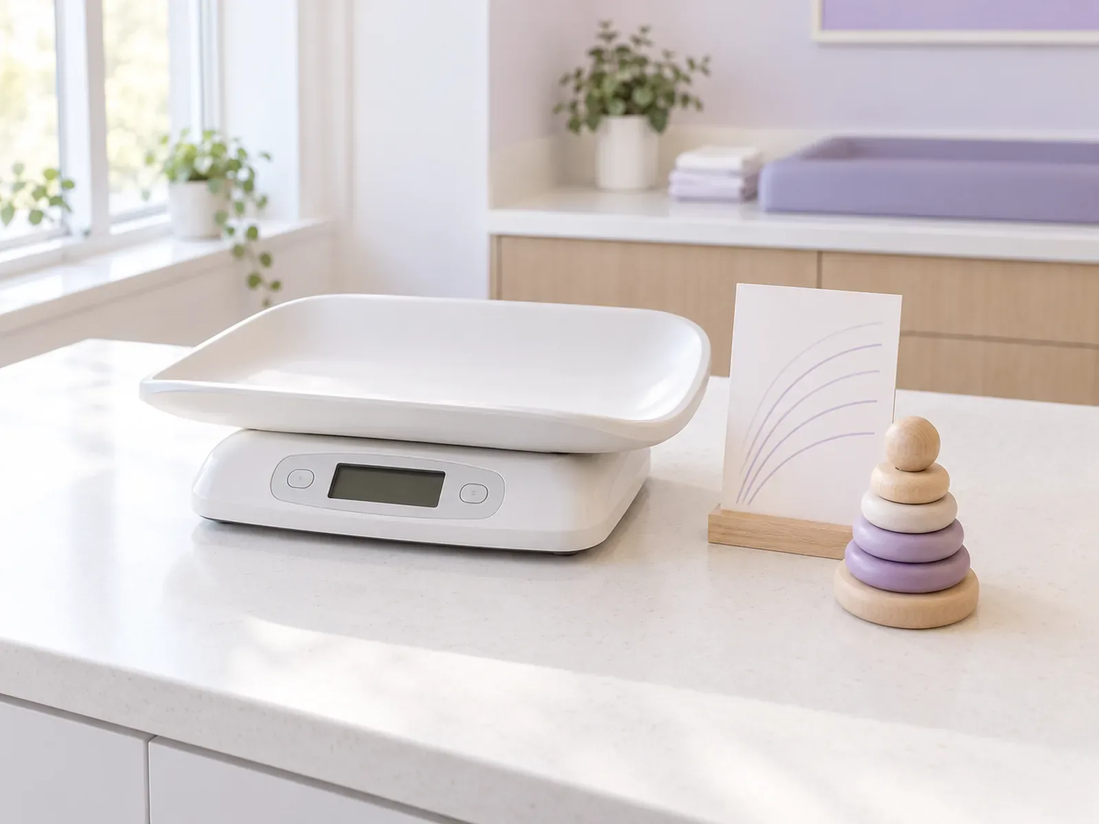 An empty baby scale beside a growth chart and wooden stacking rings