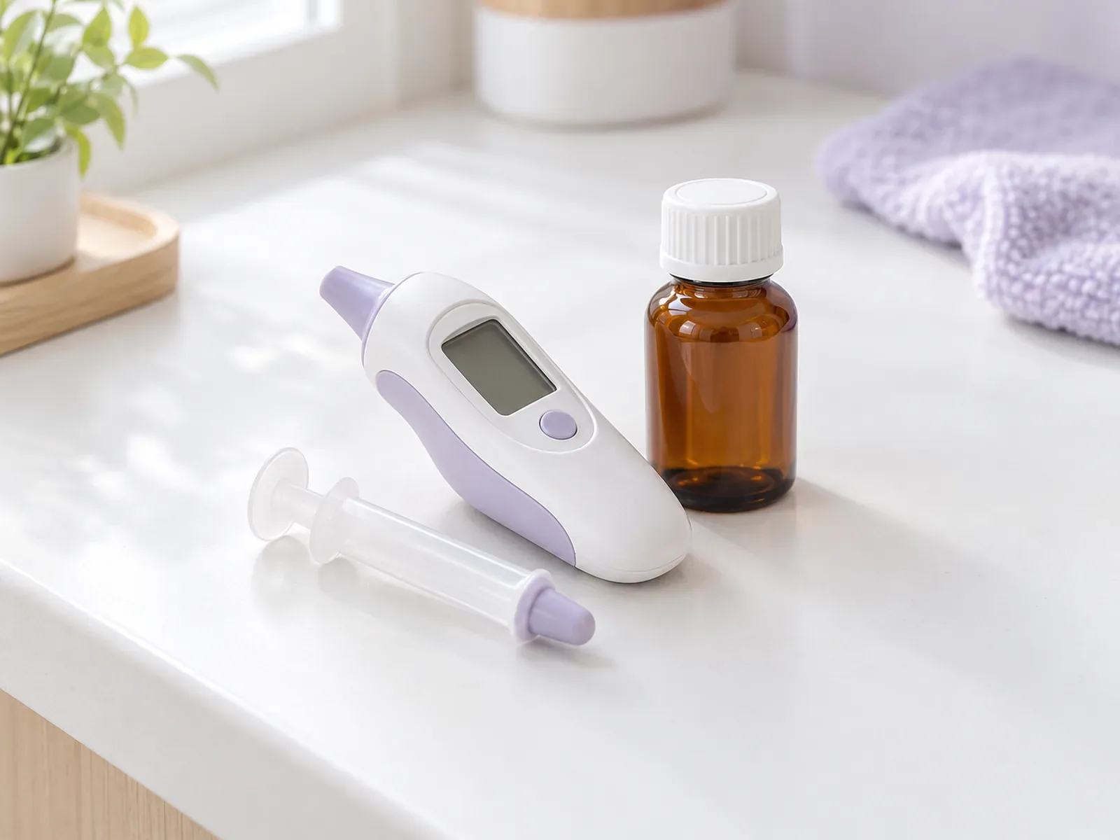 An ear thermometer, oral syringe and small amber medicine bottle