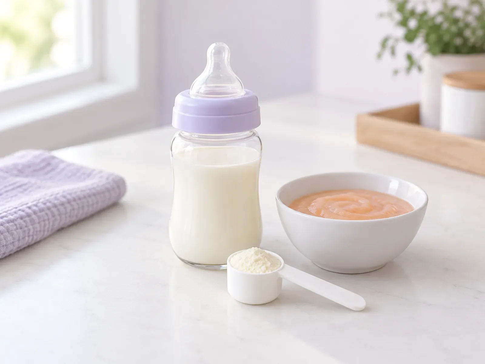 A feeding bottle, measuring scoop and bowl of smooth puree