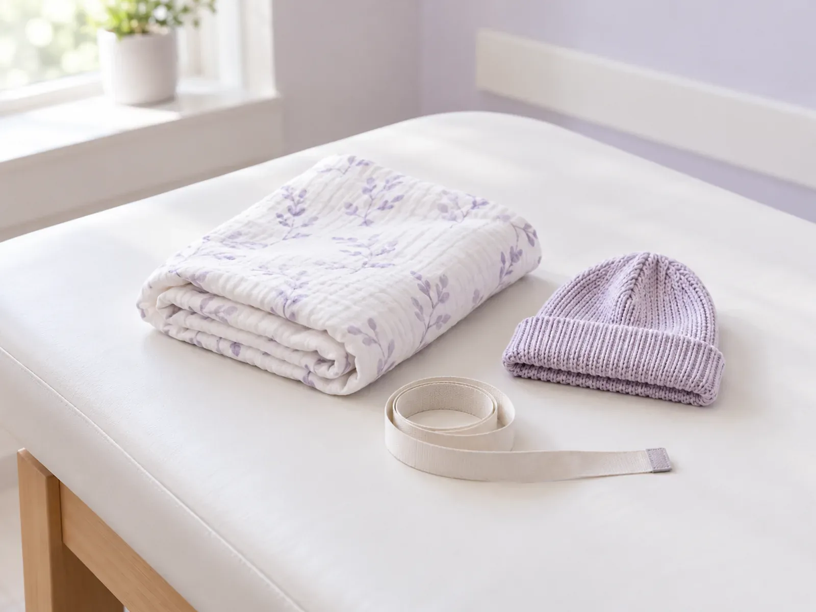 A folded swaddle blanket, baby hat and coiled tape on an examination cot