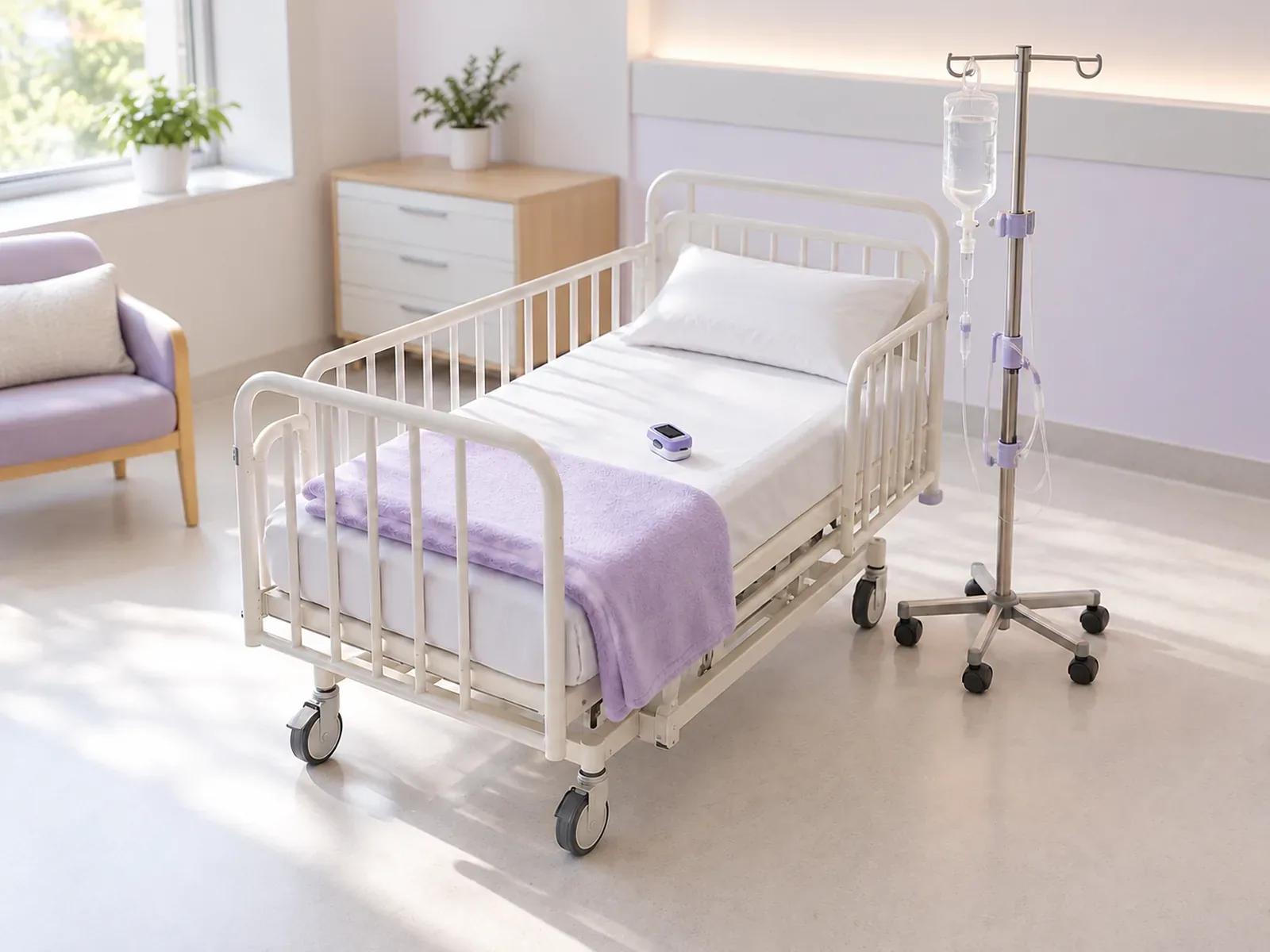 A pulse oximeter on an empty hospital cot beside a drip stand