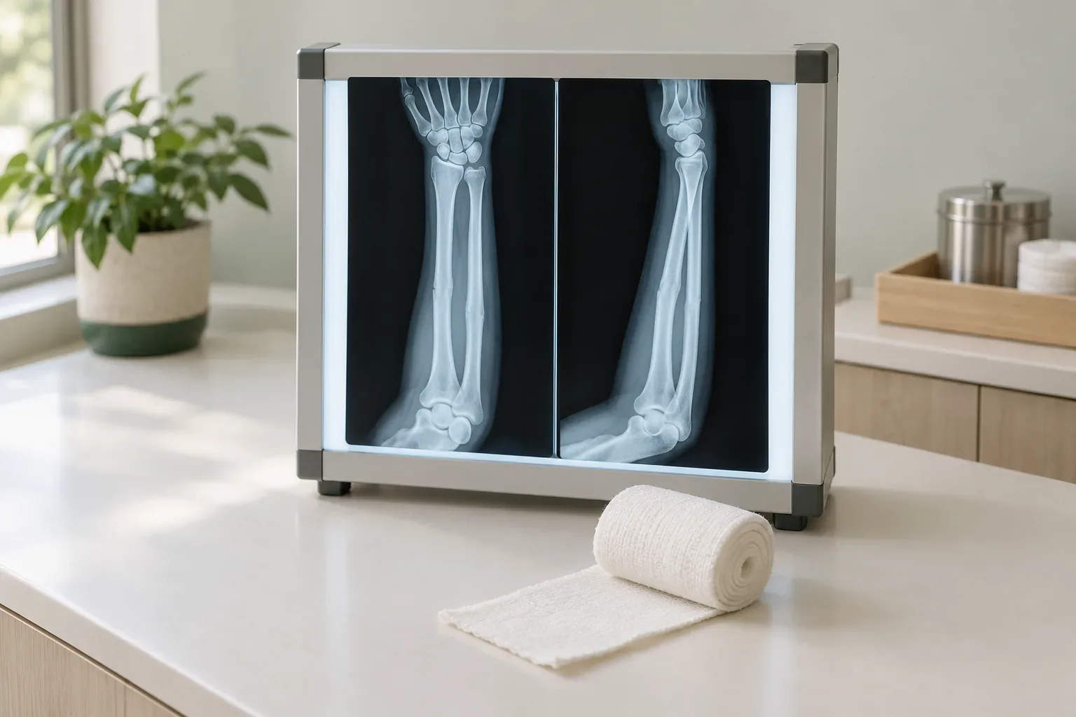Forearm X-rays on a lightbox with a white casting bandage roll