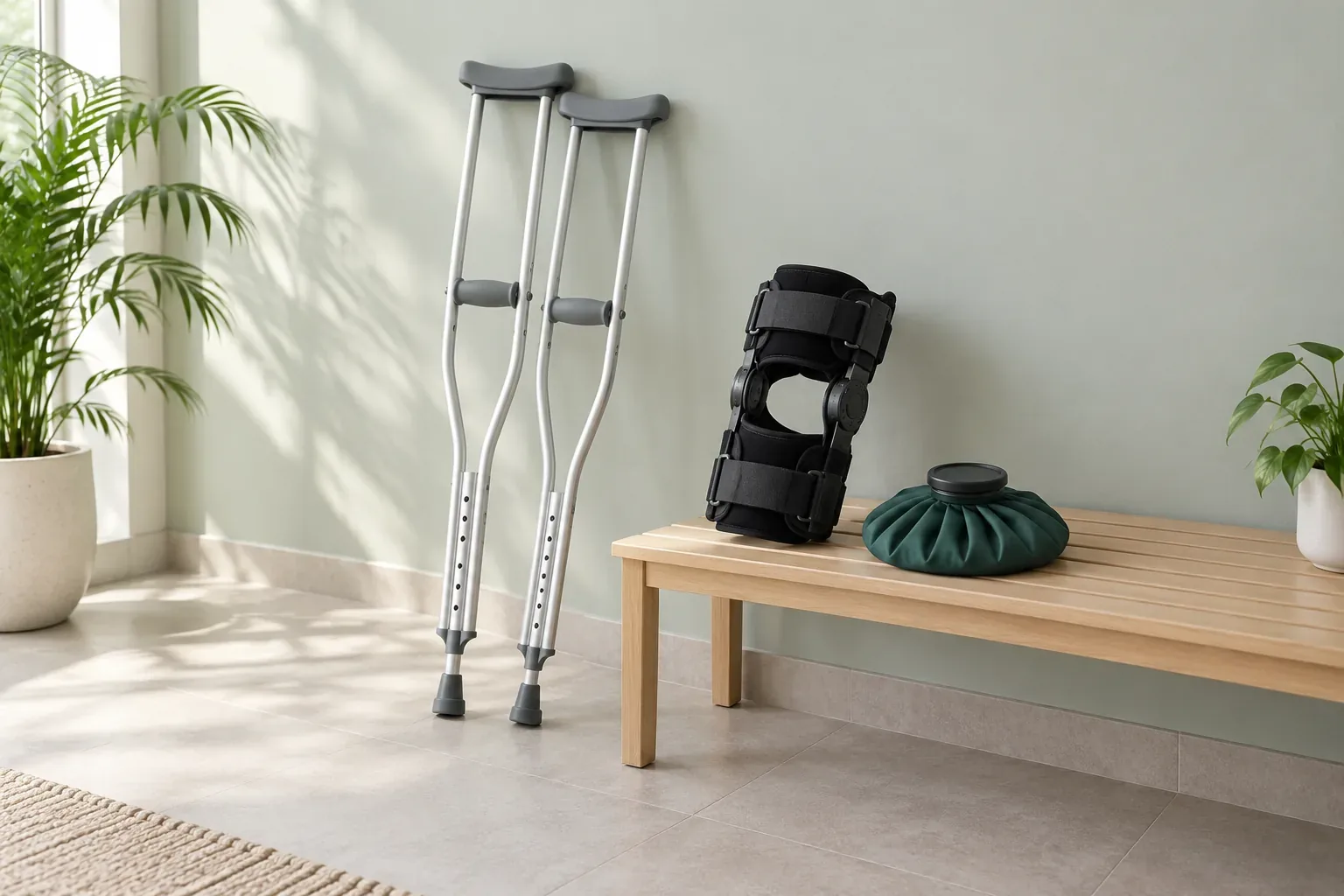 Crutches beside a bench with a hinged knee brace and cold pack