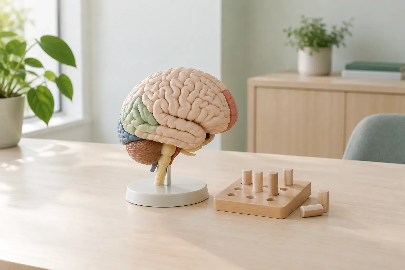 An anatomical brain model beside a wooden rehabilitation pegboard