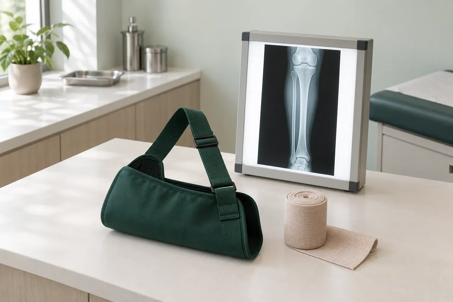 A green arm sling and elastic bandage beside a lower-leg X-ray