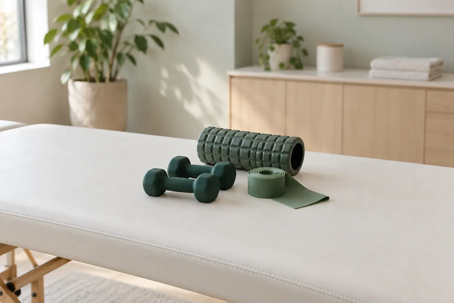 Green dumbbells, a resistance band and a foam roller on a treatment table