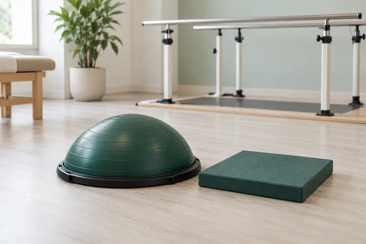 A half-dome balance trainer and foam pad on a clinic floor