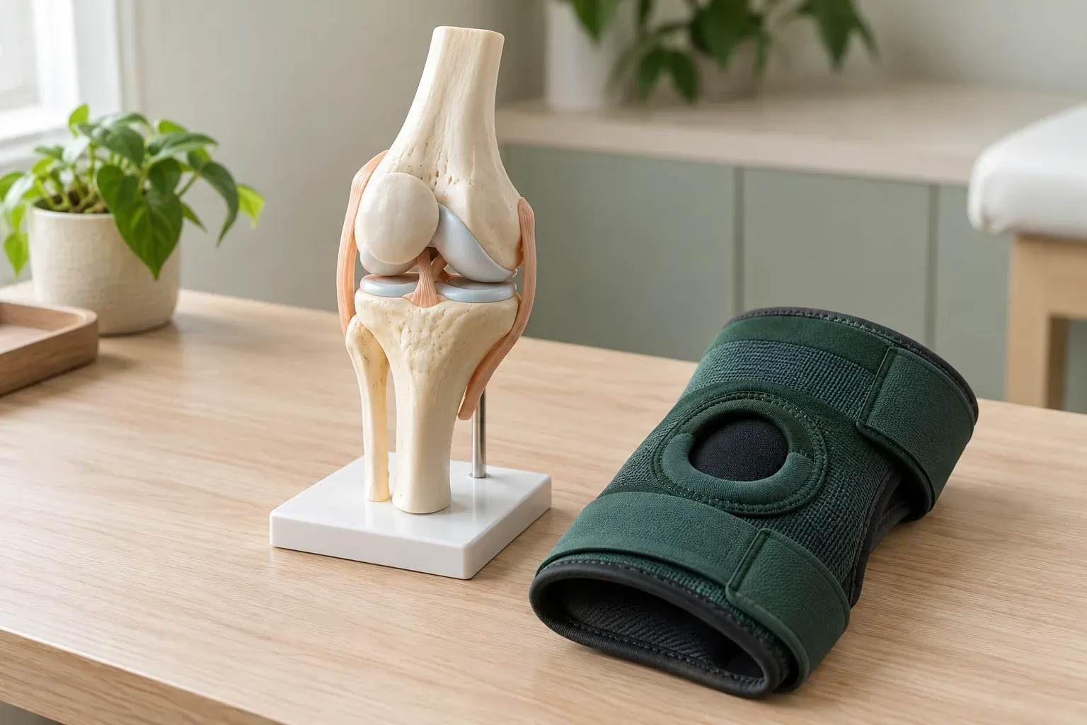 An anatomical knee model beside a folded green knee brace