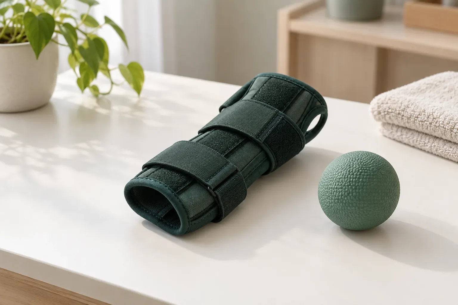 A green wrist brace beside a textured therapy grip ball