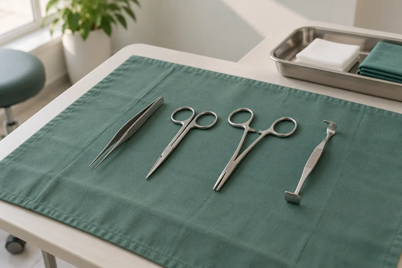 Surgical instruments arranged in a row on a sage-green drape