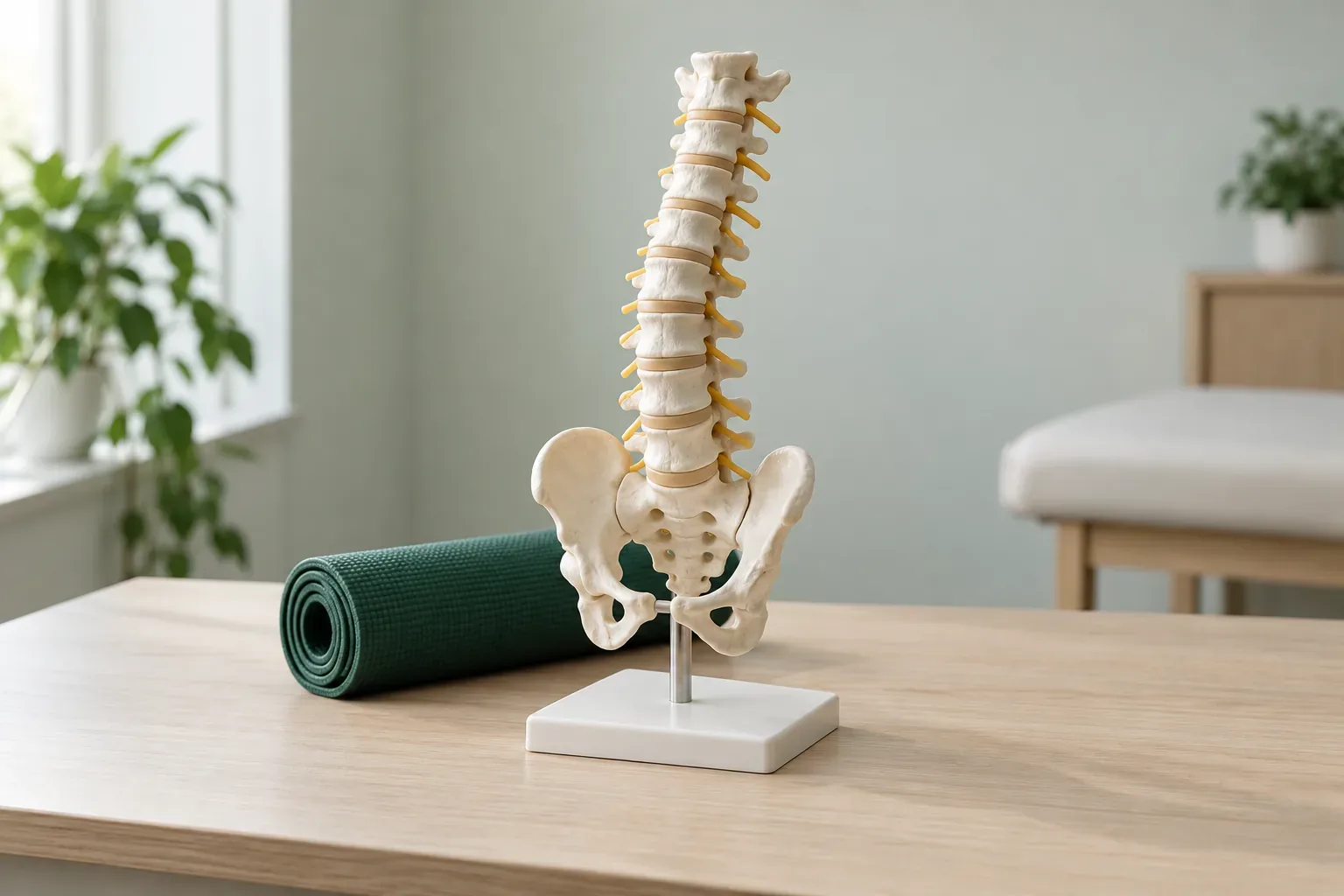 An anatomical spine model with a rolled green exercise mat behind it